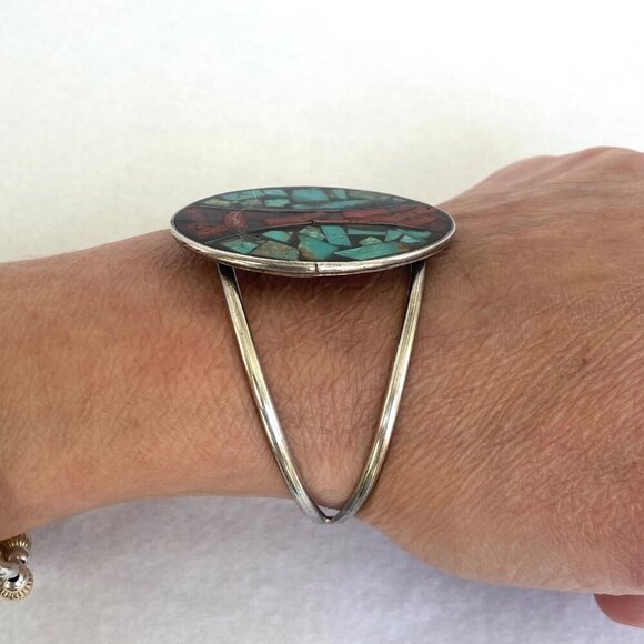 VTG Sterling Silver 925 Southwest Oval Crushed Turquoise Coral Cuff Bracelet - Picture 5 of 16